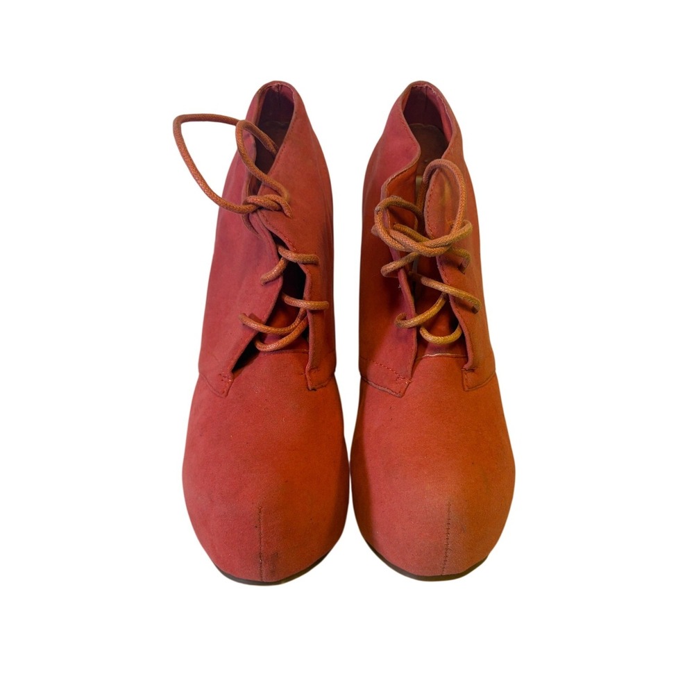 Glaze Coral Orange Faux Suede Lace Up Platform Wedge Booties Shoes Womens Size 8